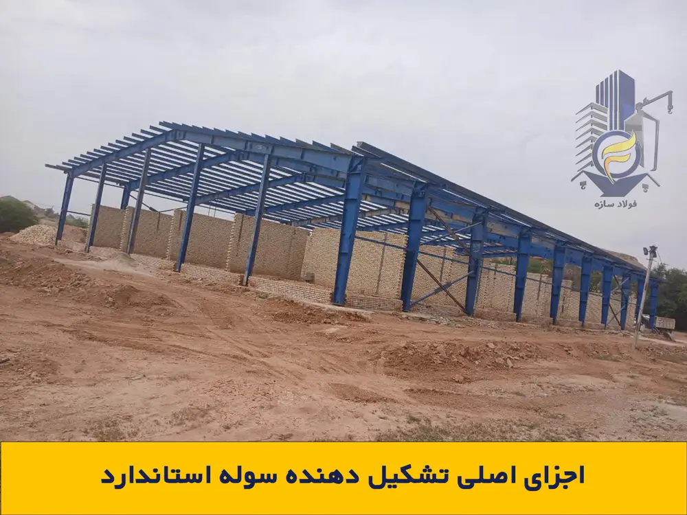 نمای بیرونی از اسکلت فلزی سوله در حال ساخت؛ آشنایی با اجزای اصلی تشکیل دهنده سوله استاندارد شامل ستون، تیر، پرلین و مهاربندها توسط فولادسازه